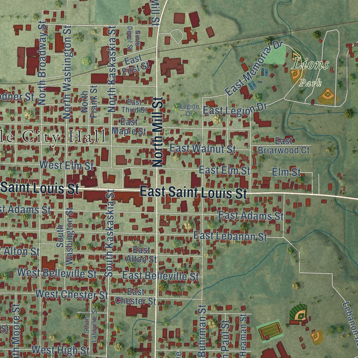 Close-up of the map of Nashville, Illinois print showing street and building detail