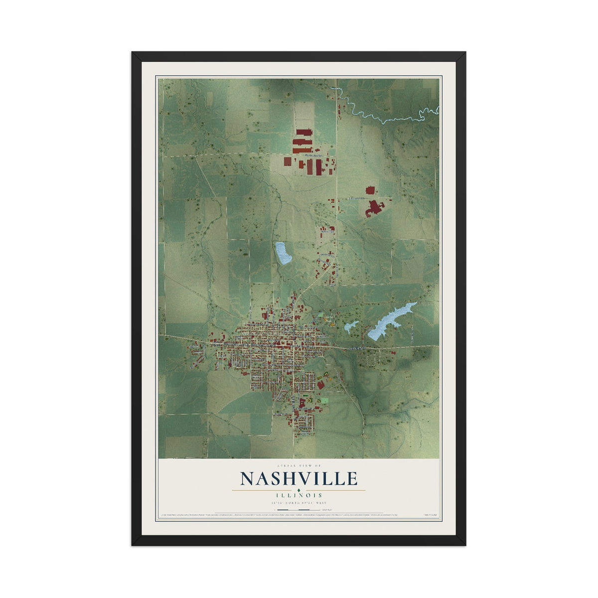 Map of Nashville, Illinois, 12 x 18 inch print in a black wood frame