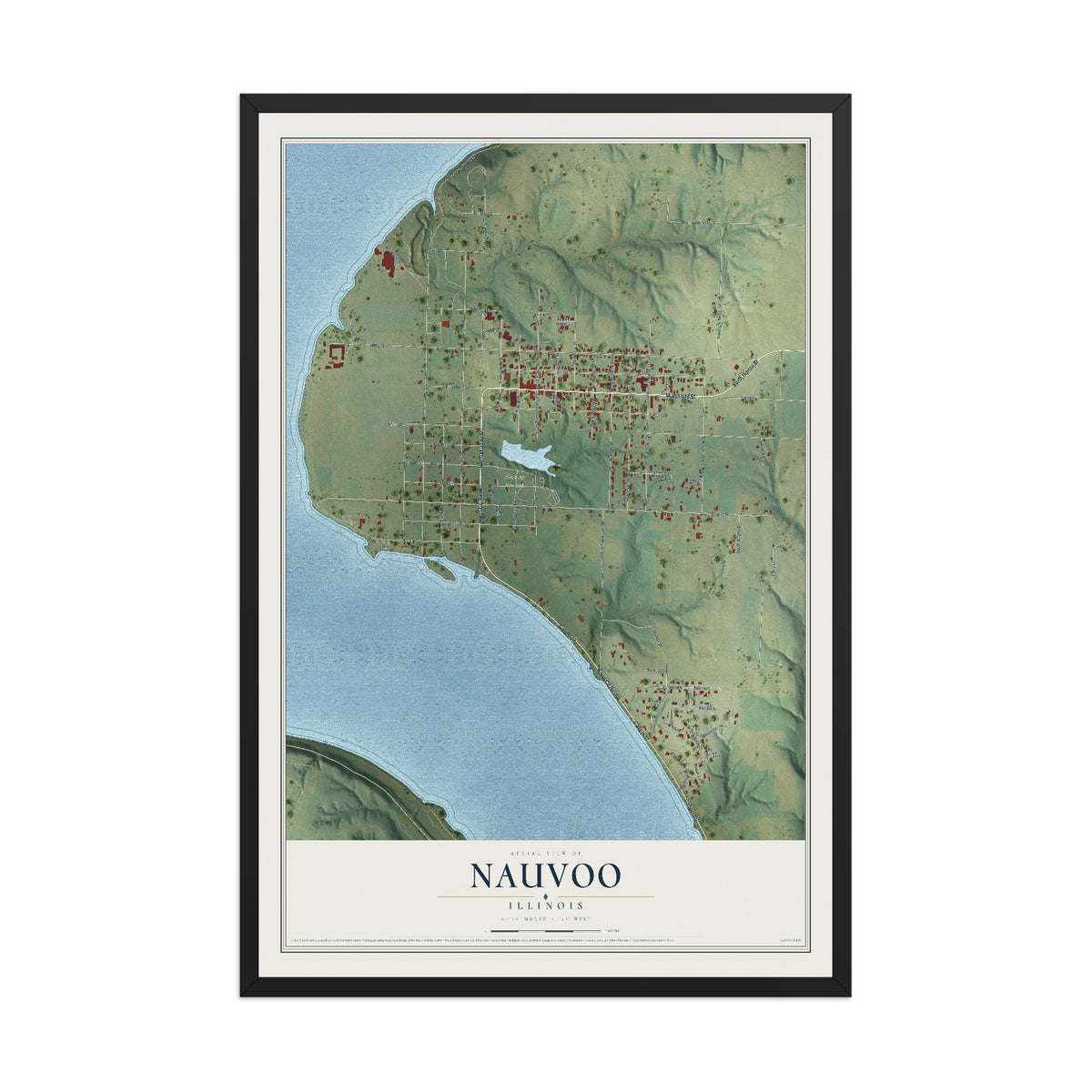 Map of Nauvoo, Illinois, 12 x 18 inch print in a black wood frame