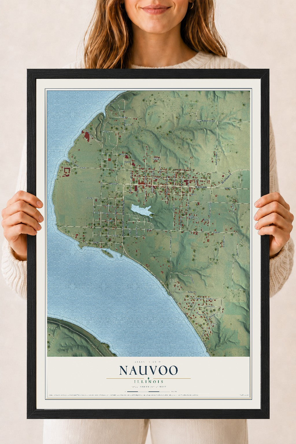 Map of Nauvoo, Illinois, 18 x 24 inch print in a black wood frame