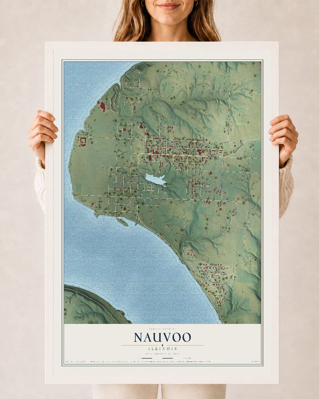 Map of Nauvoo, Illinois, 24 x 36 inch print in a white wood frame