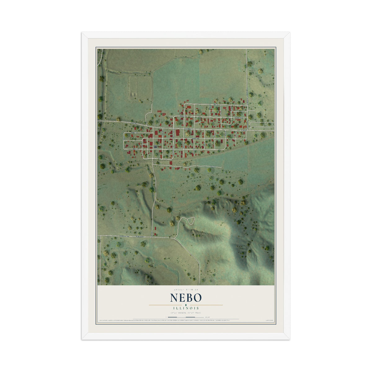Map of Nebo, Illinois, 12 x 18 inch print in a white wood frame