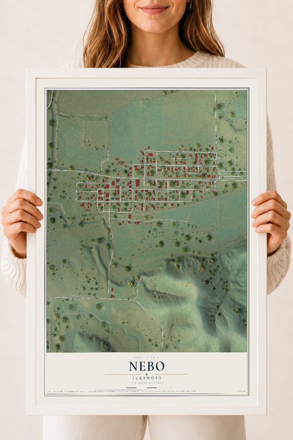 Map of Nebo, Illinois, 18 x 24 inch print in a white wood frame