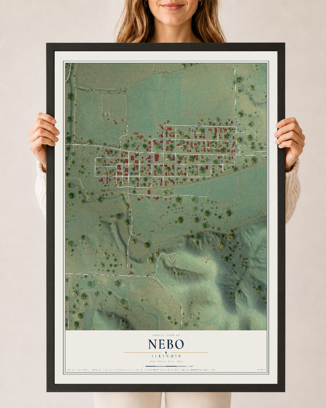 Map of Nebo, Illinois, 24 x 36 inch print in a black wood frame
