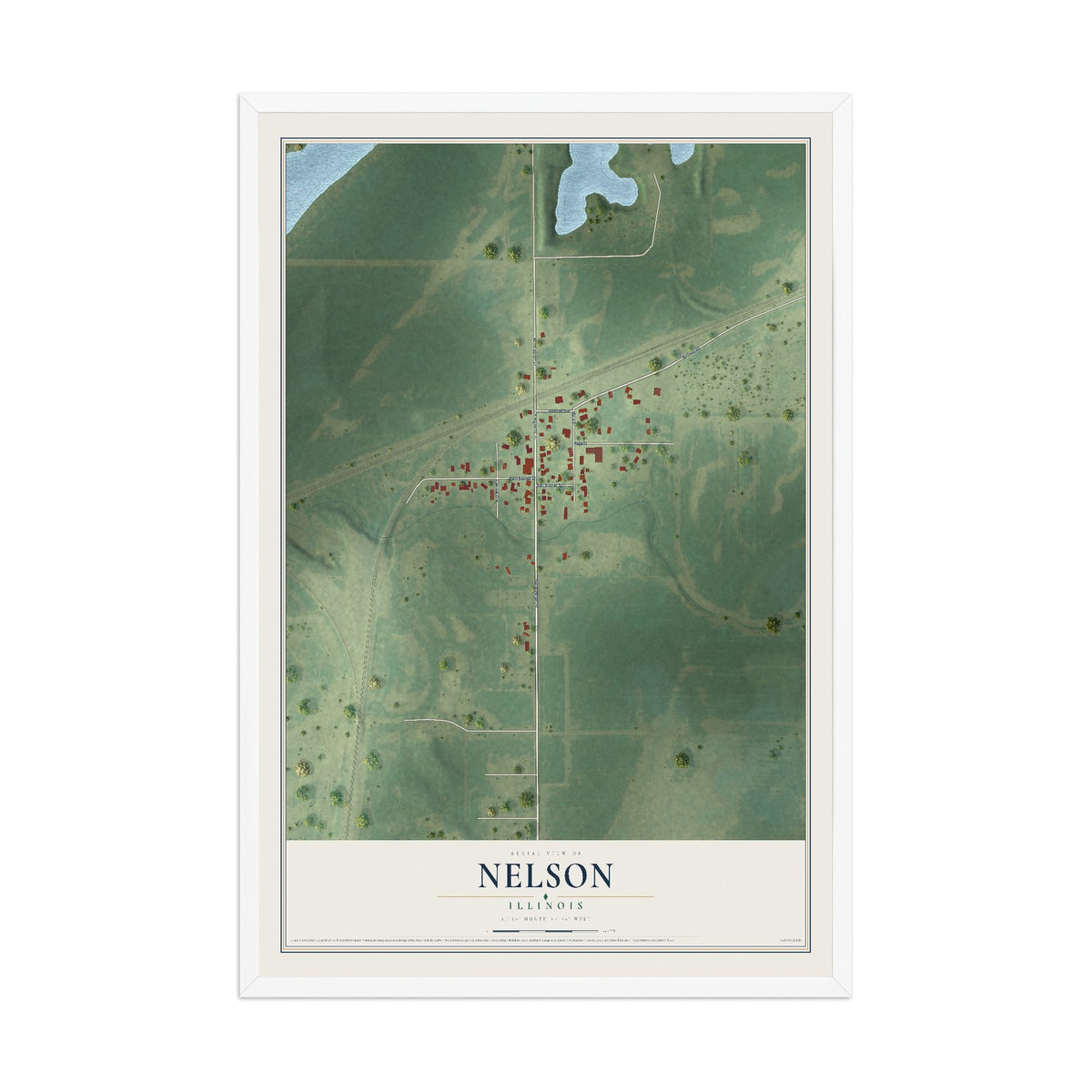 Map of Nelson, Illinois, 12 x 18 inch print in a white wood frame