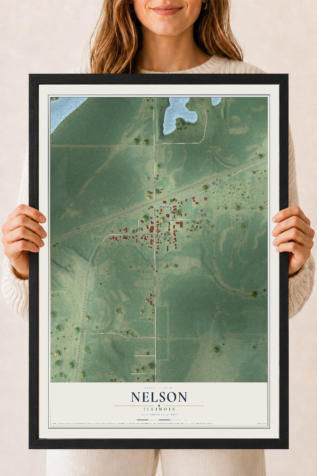 Map of Nelson, Illinois, 18 x 24 inch print in a black wood frame