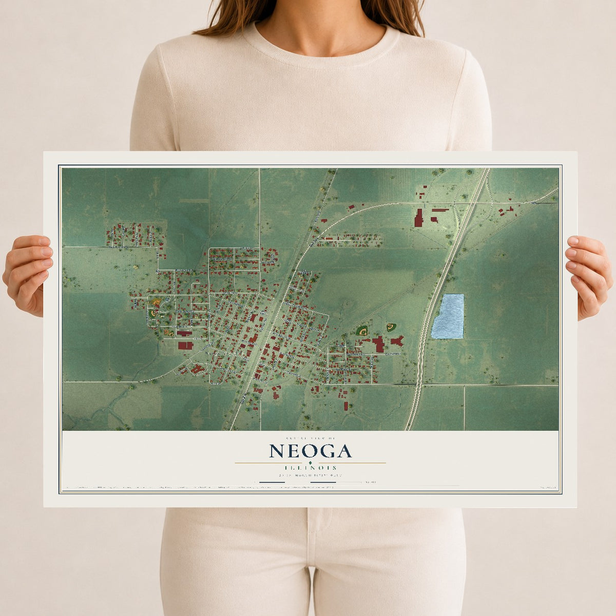 Map of Neoga, Illinois, 12 x 18 inch unframed archival matte print