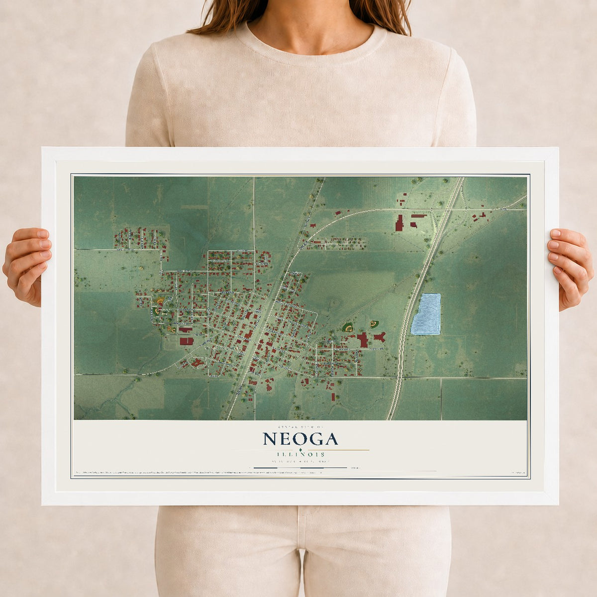Map of Neoga, Illinois, 12 x 18 inch print in a white wood frame