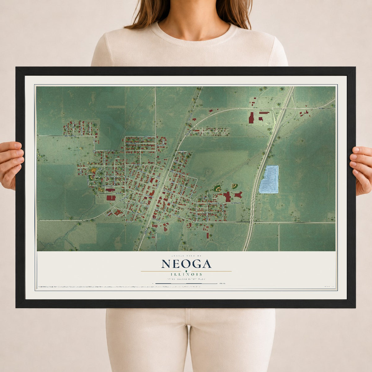 Map of Neoga, Illinois, 18 x 24 inch print in a black wood frame