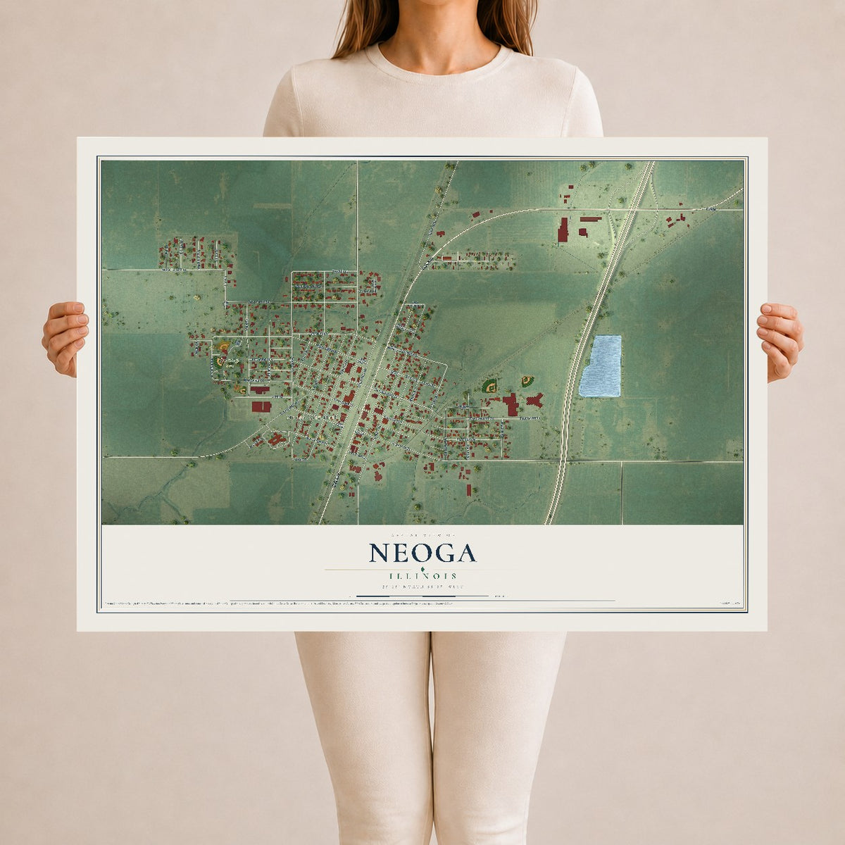 Map of Neoga, Illinois, 24 x 36 inch unframed archival matte print