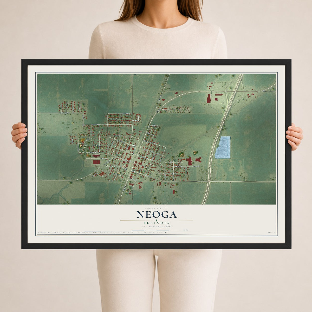 Map of Neoga, Illinois, 24 x 36 inch print in a black wood frame