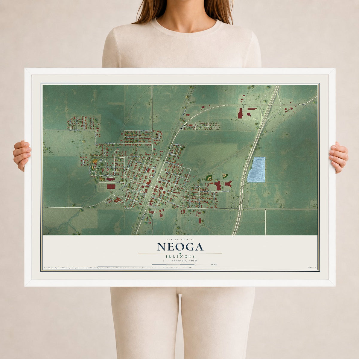 Map of Neoga, Illinois, 24 x 36 inch print in a white wood frame