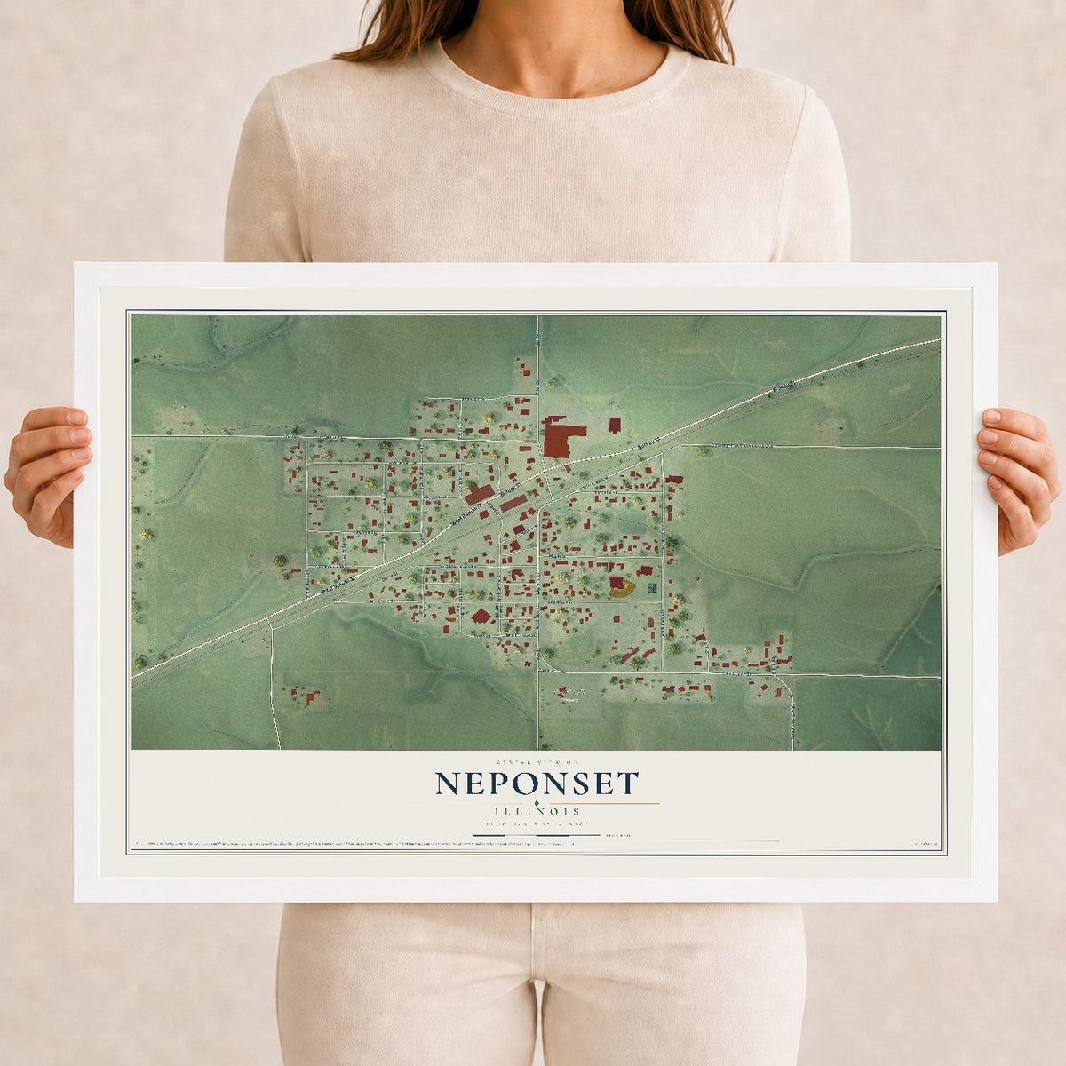 Map of Neponset, Illinois, 12 x 18 inch print in a white wood frame