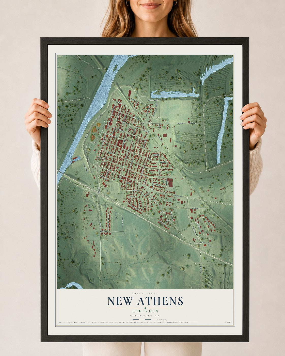 Map of New Athens, Illinois, 24 x 36 inch print in a black wood frame