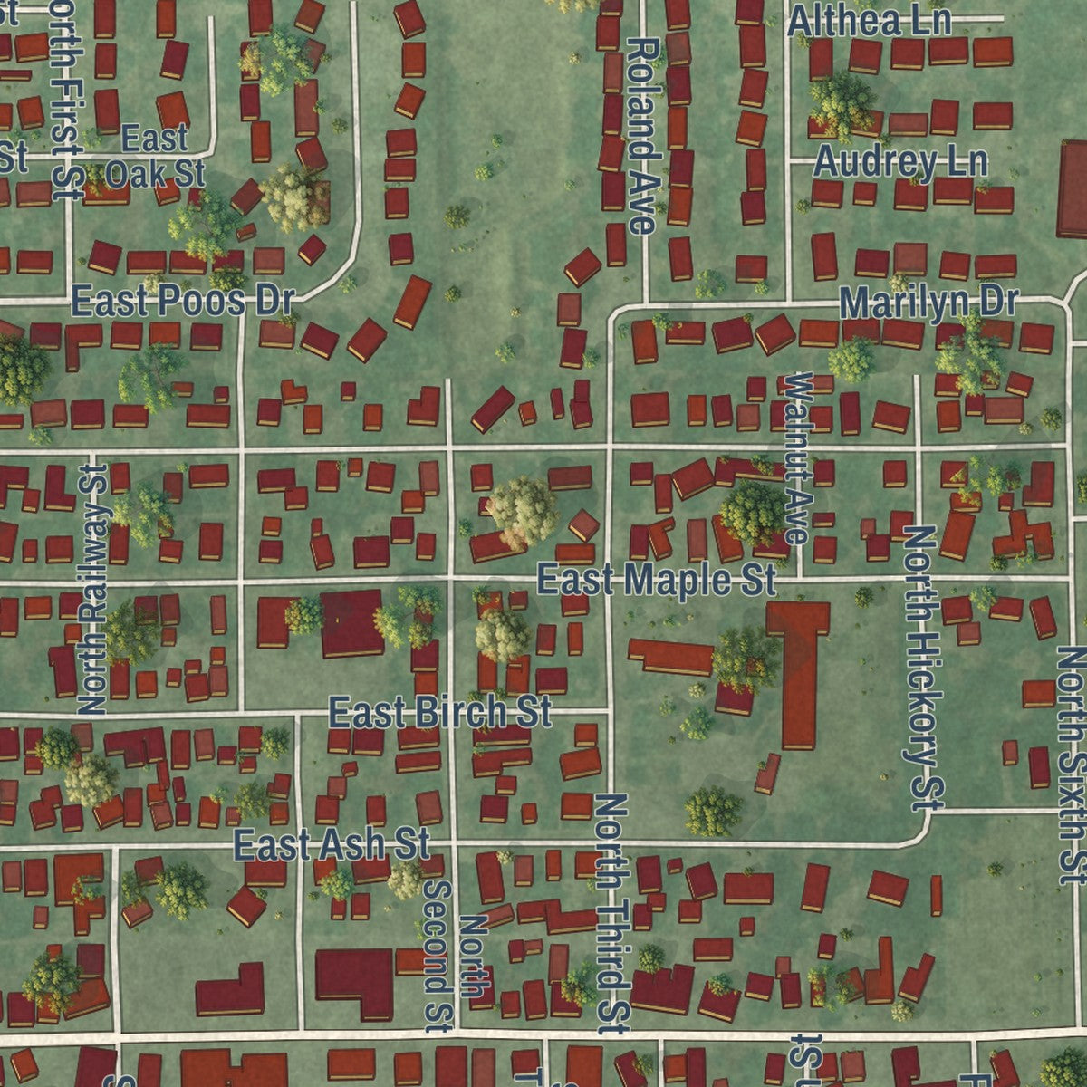 Close-up of the map of New Baden, Illinois print showing street and building detail