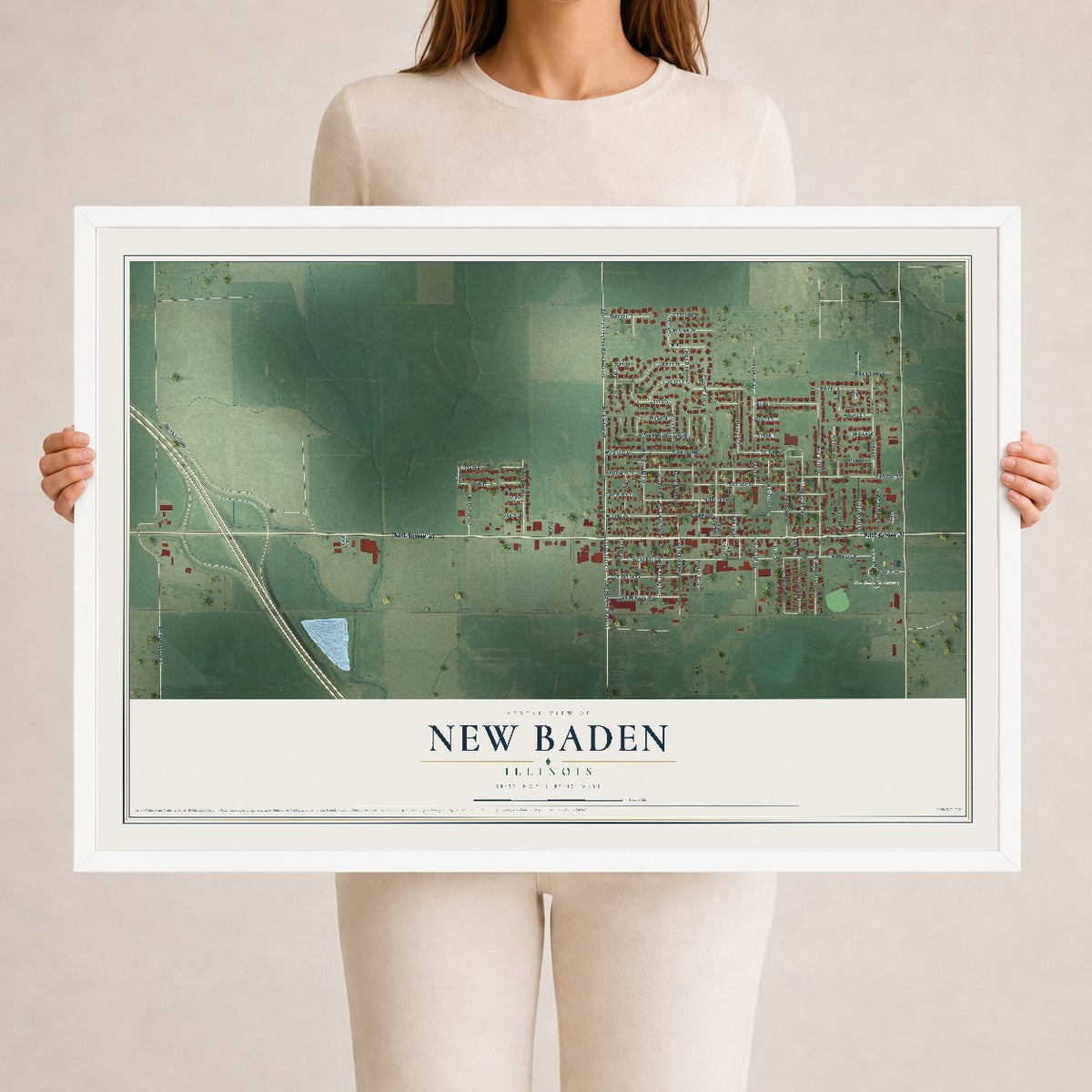 Map of New Baden, Illinois, 24 x 36 inch print in a white wood frame