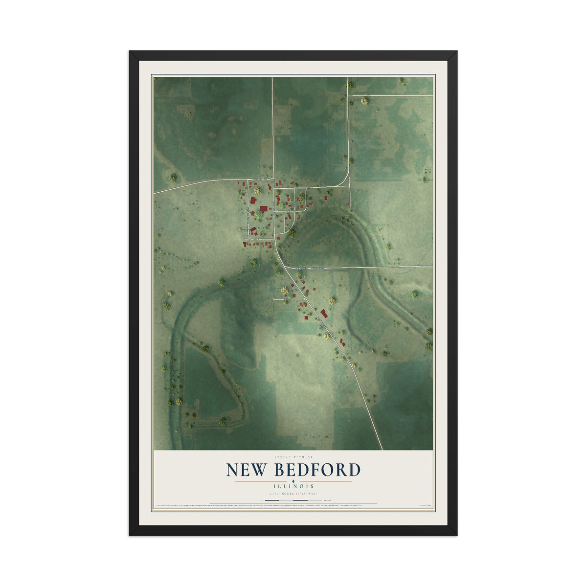 Map of New Bedford, Illinois, 12 x 18 inch print in a black wood frame