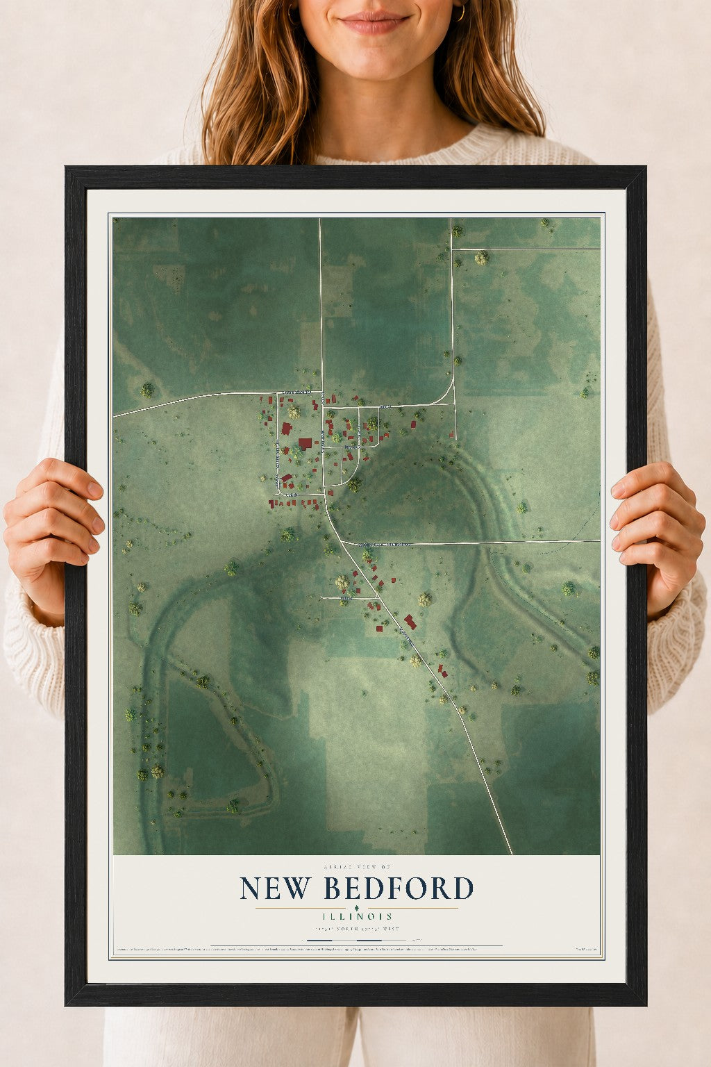 Map of New Bedford, Illinois, 18 x 24 inch print in a black wood frame