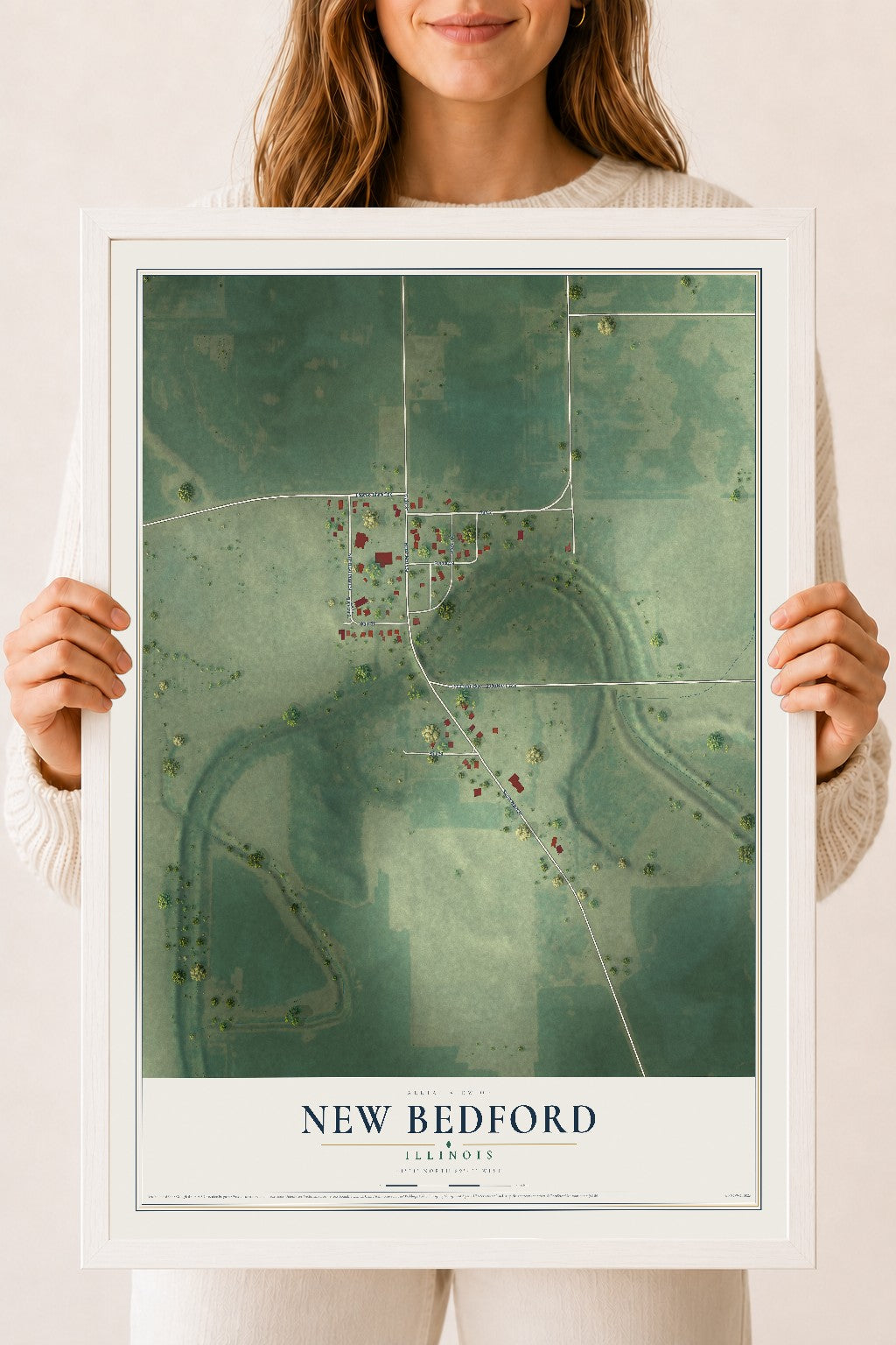 Map of New Bedford, Illinois, 18 x 24 inch print in a white wood frame