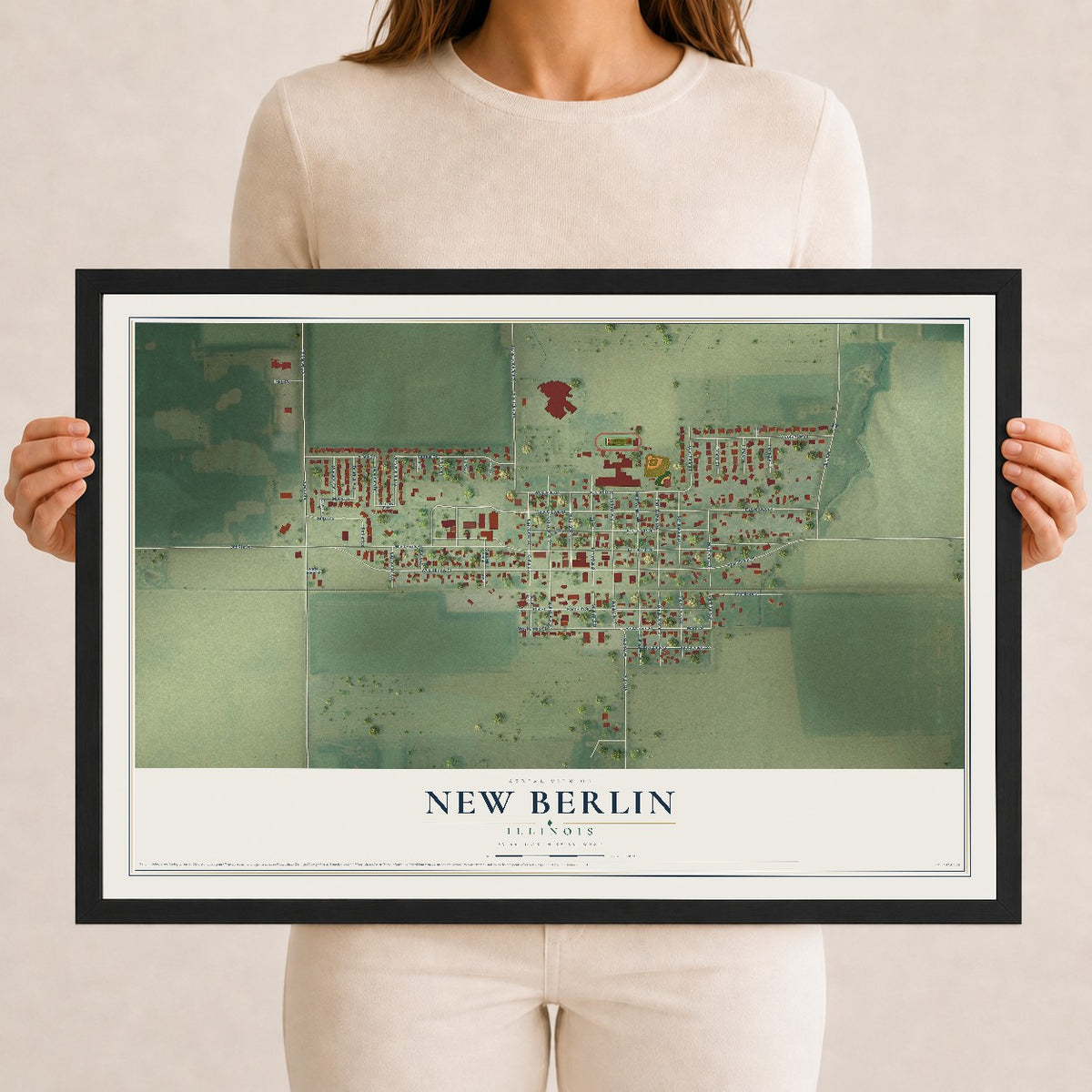 Map of New Berlin, Illinois, 12 x 18 inch print in a black wood frame