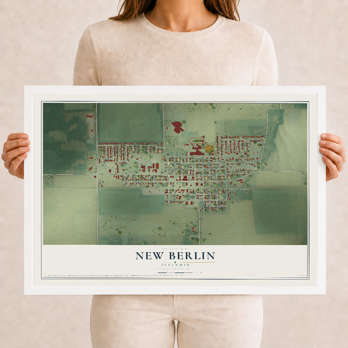 Map of New Berlin, Illinois, 12 x 18 inch print in a white wood frame