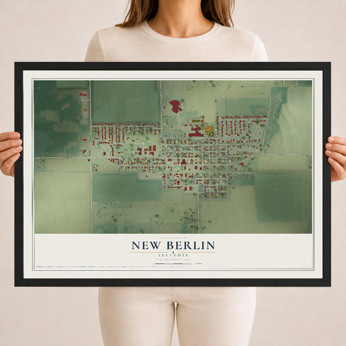 Map of New Berlin, Illinois, 18 x 24 inch print in a black wood frame