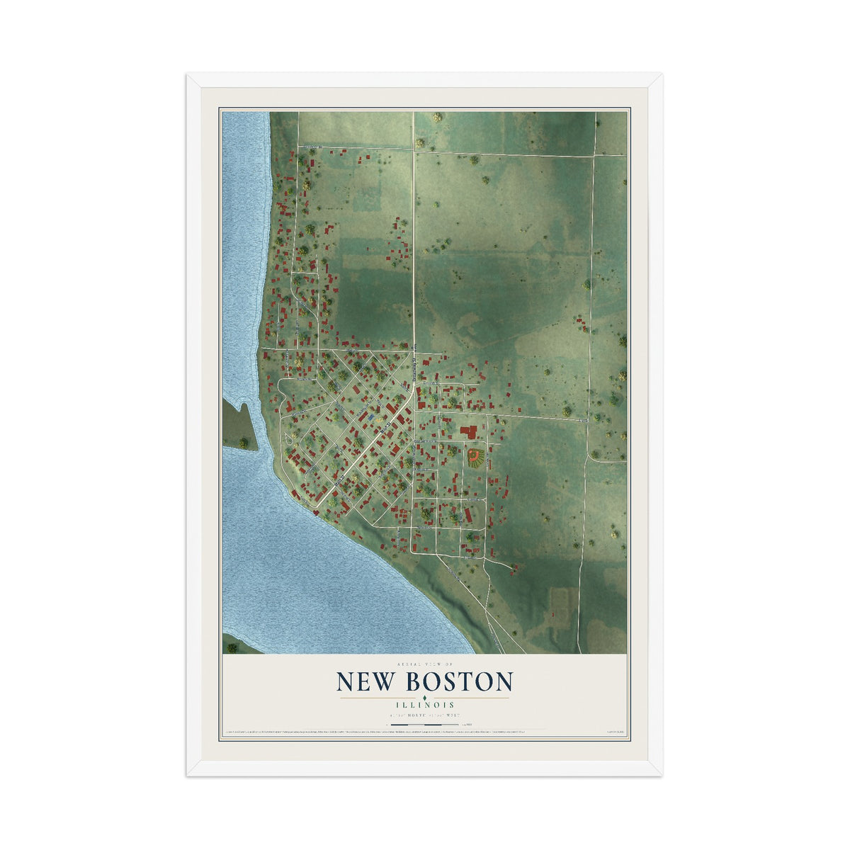 Map of New Boston, Illinois, 12 x 18 inch print in a white wood frame