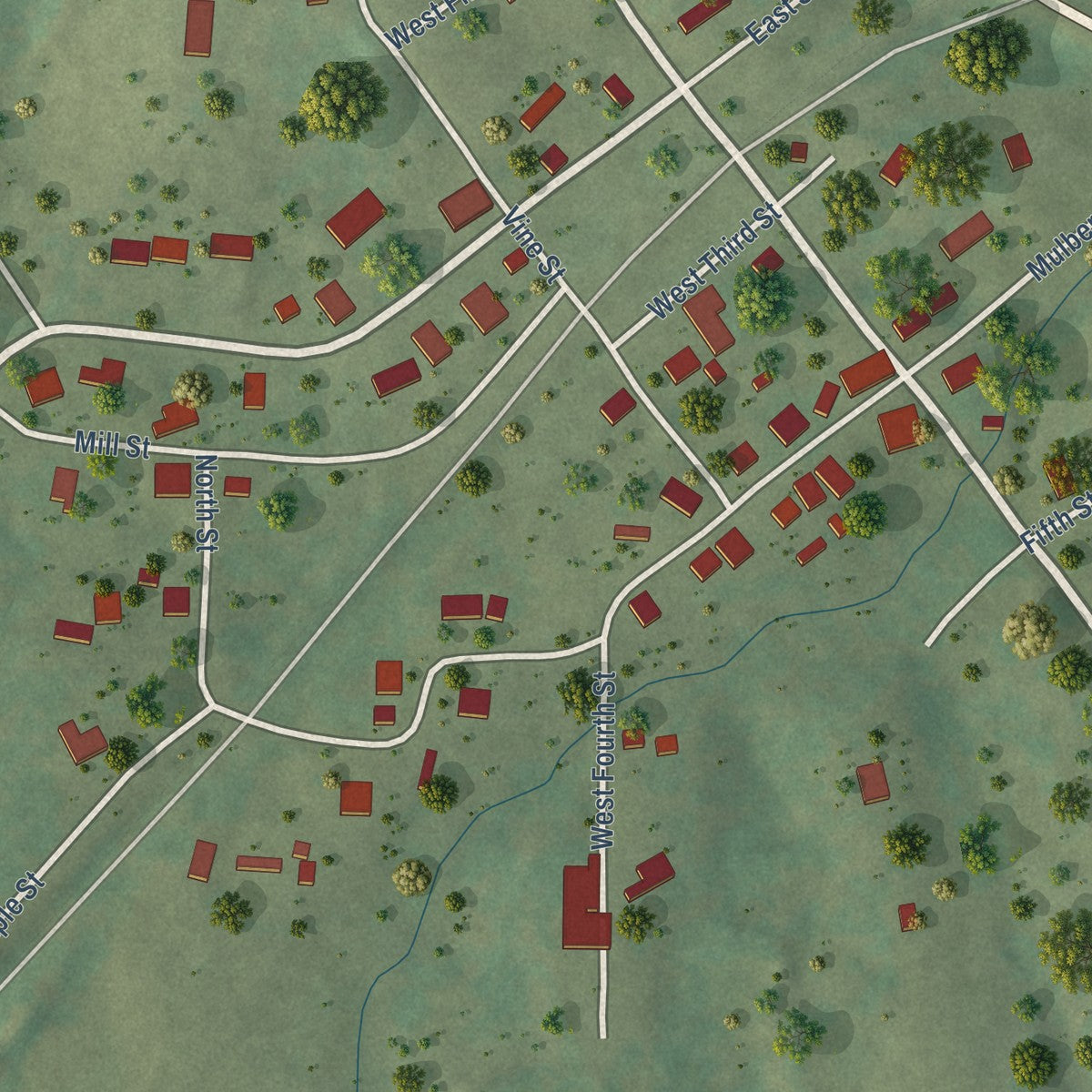 Close-up of the map of New Burnside, Illinois print showing street and building detail