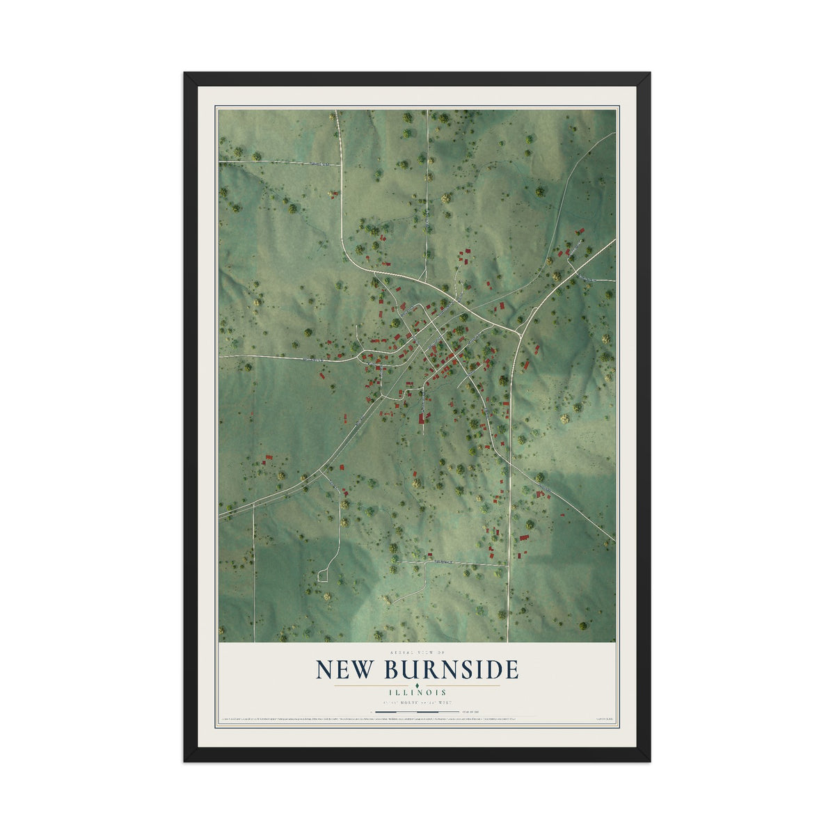 Map of New Burnside, Illinois, 12 x 18 inch print in a black wood frame