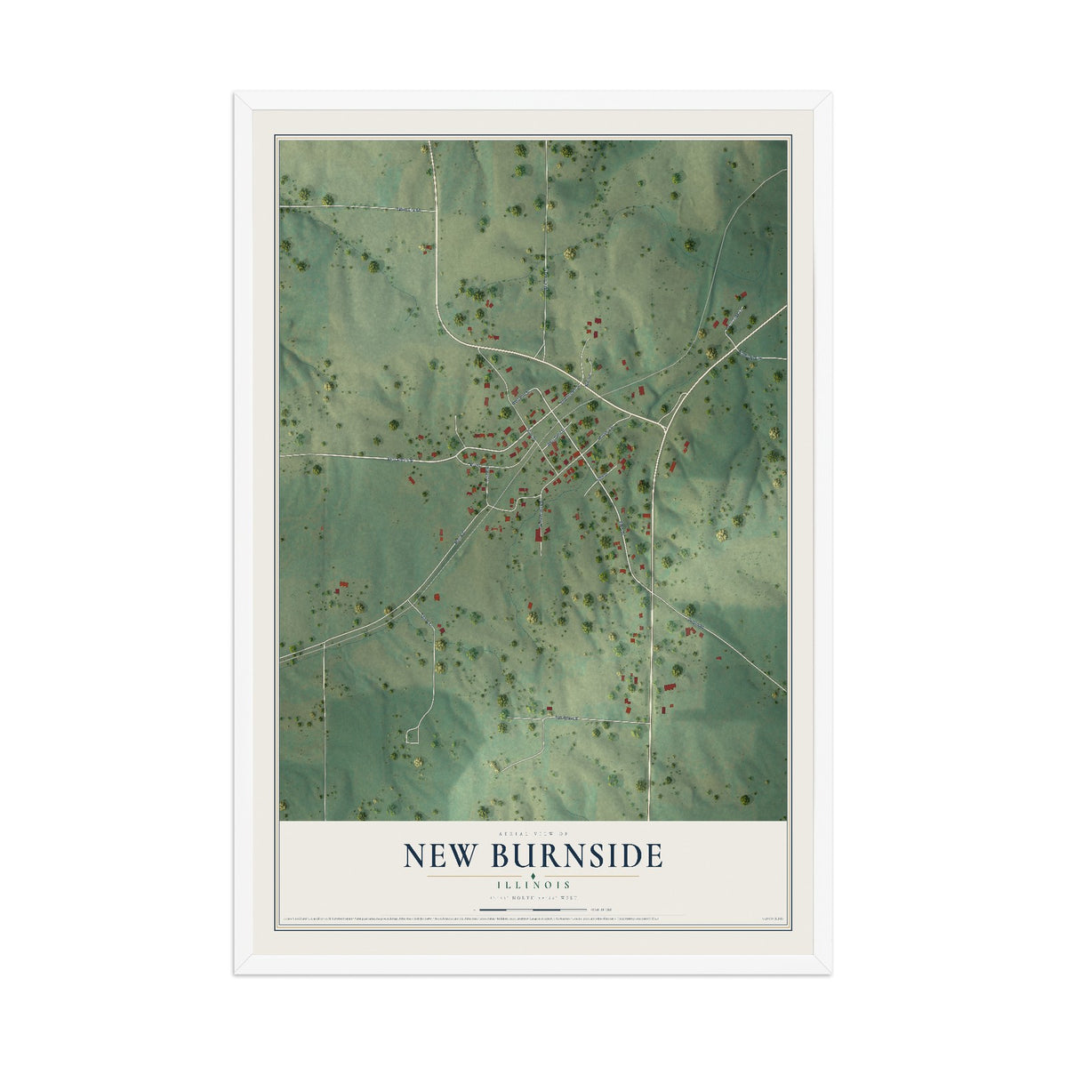 Map of New Burnside, Illinois, 12 x 18 inch print in a white wood frame