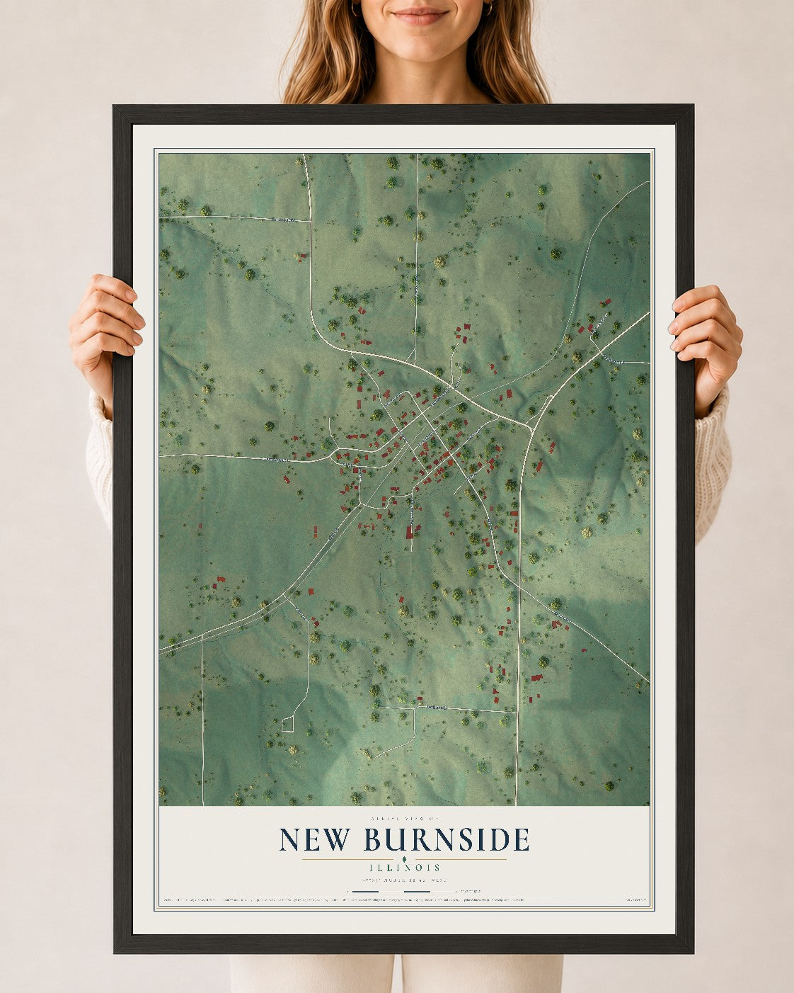 Map of New Burnside, Illinois, 24 x 36 inch print in a black wood frame
