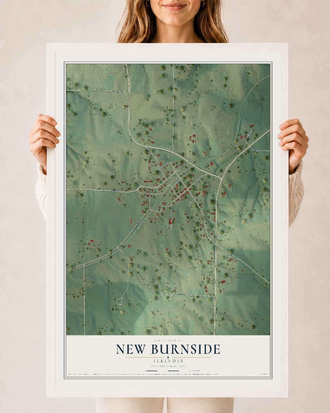 Map of New Burnside, Illinois, 24 x 36 inch print in a white wood frame