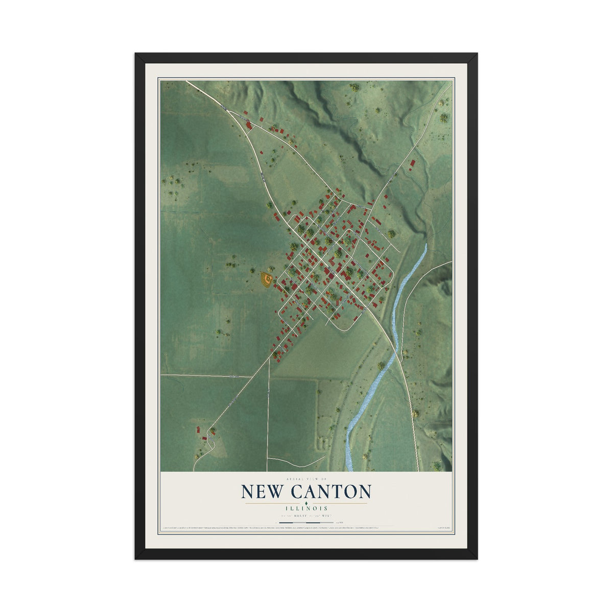 Map of New Canton, Illinois, 12 x 18 inch print in a black wood frame