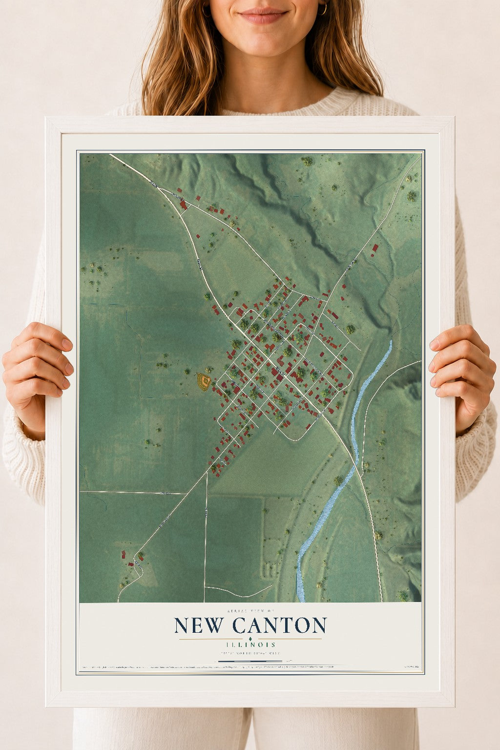 Map of New Canton, Illinois, 18 x 24 inch print in a white wood frame