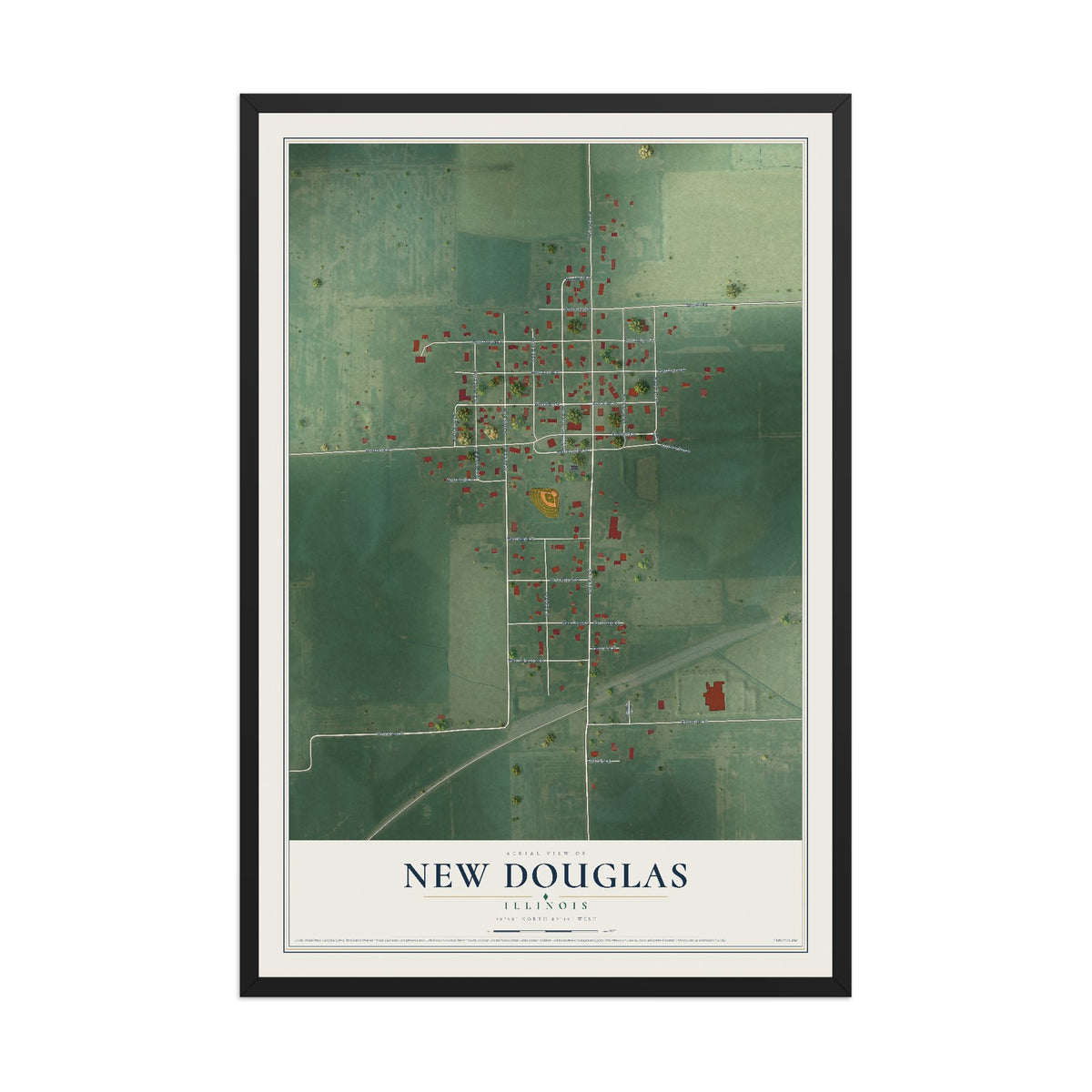 Map of New Douglas, Illinois, 12 x 18 inch print in a black wood frame