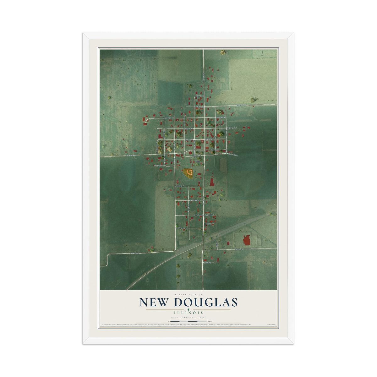 Map of New Douglas, Illinois, 12 x 18 inch print in a white wood frame