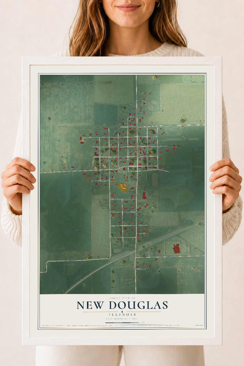 Map of New Douglas, Illinois, 18 x 24 inch print in a white wood frame