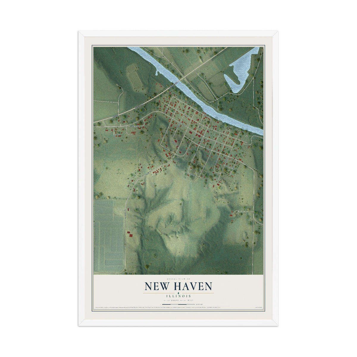 Map of New Haven, Illinois, 12 x 18 inch print in a white wood frame