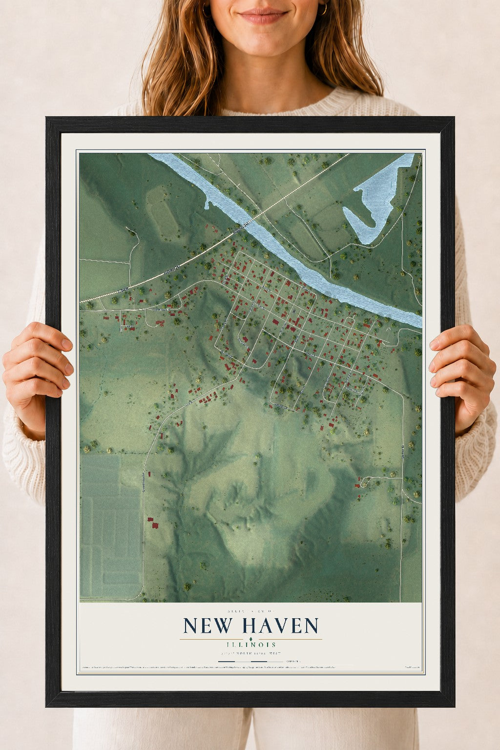 Map of New Haven, Illinois, 18 x 24 inch print in a black wood frame