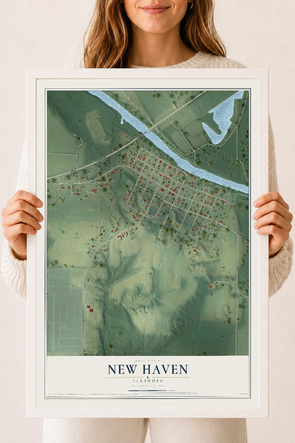 Map of New Haven, Illinois, 18 x 24 inch print in a white wood frame
