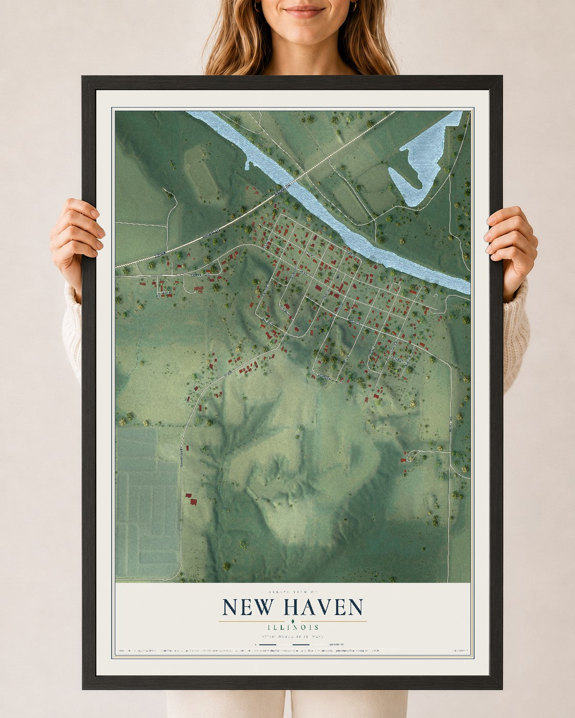 Map of New Haven, Illinois, 24 x 36 inch print in a black wood frame