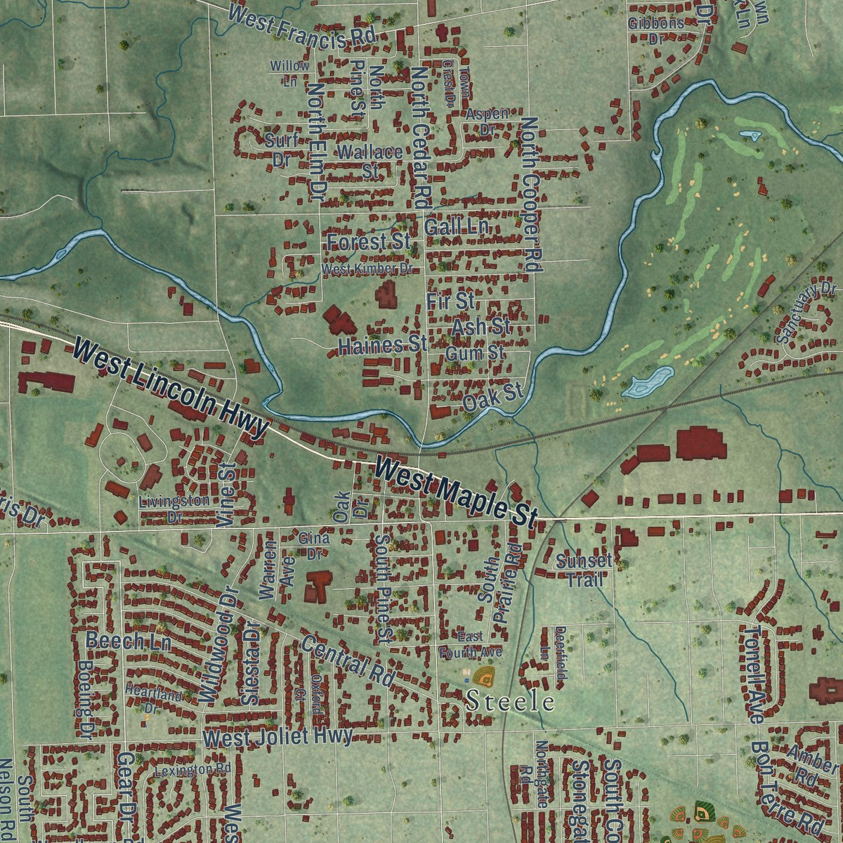 Close-up of the map of New Lenox, Illinois print showing street and building detail