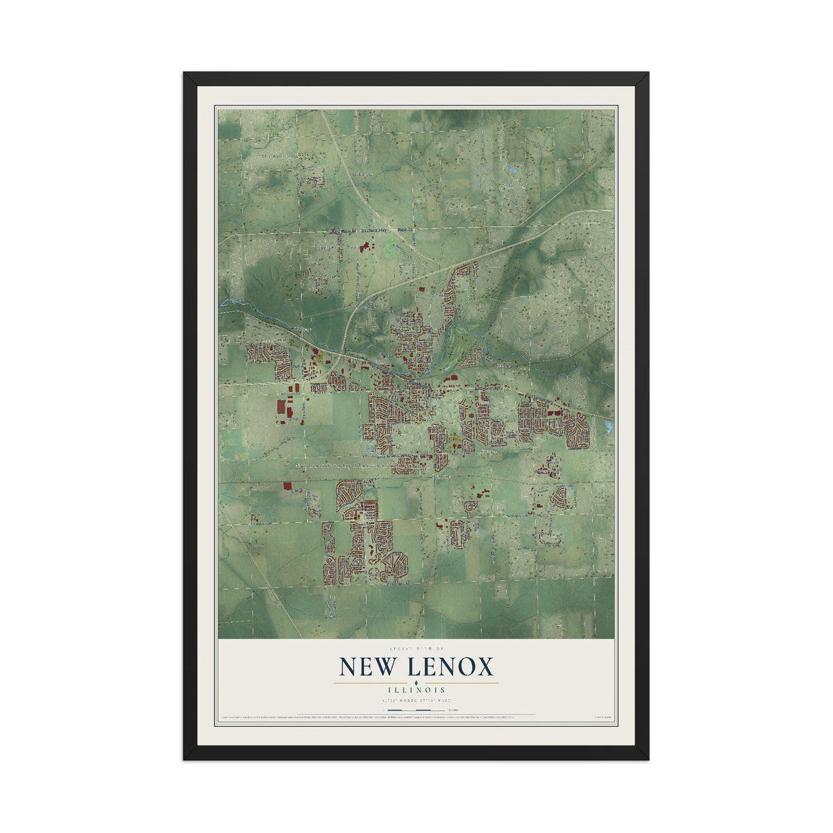 Map of New Lenox, Illinois, 12 x 18 inch print in a black wood frame