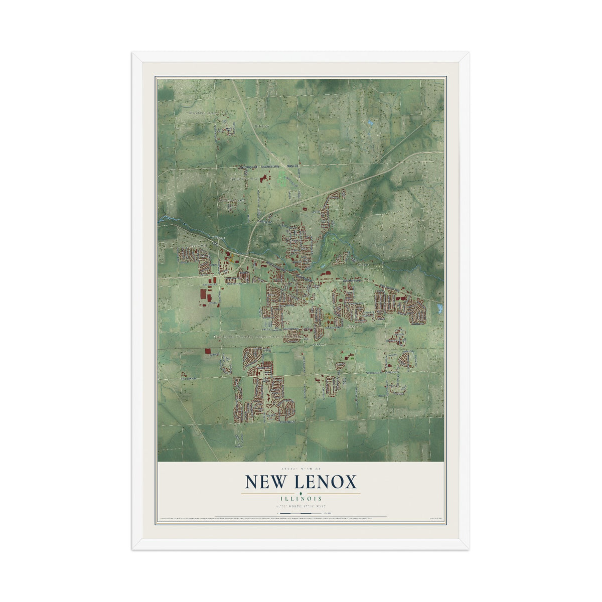 Map of New Lenox, Illinois, 12 x 18 inch print in a white wood frame