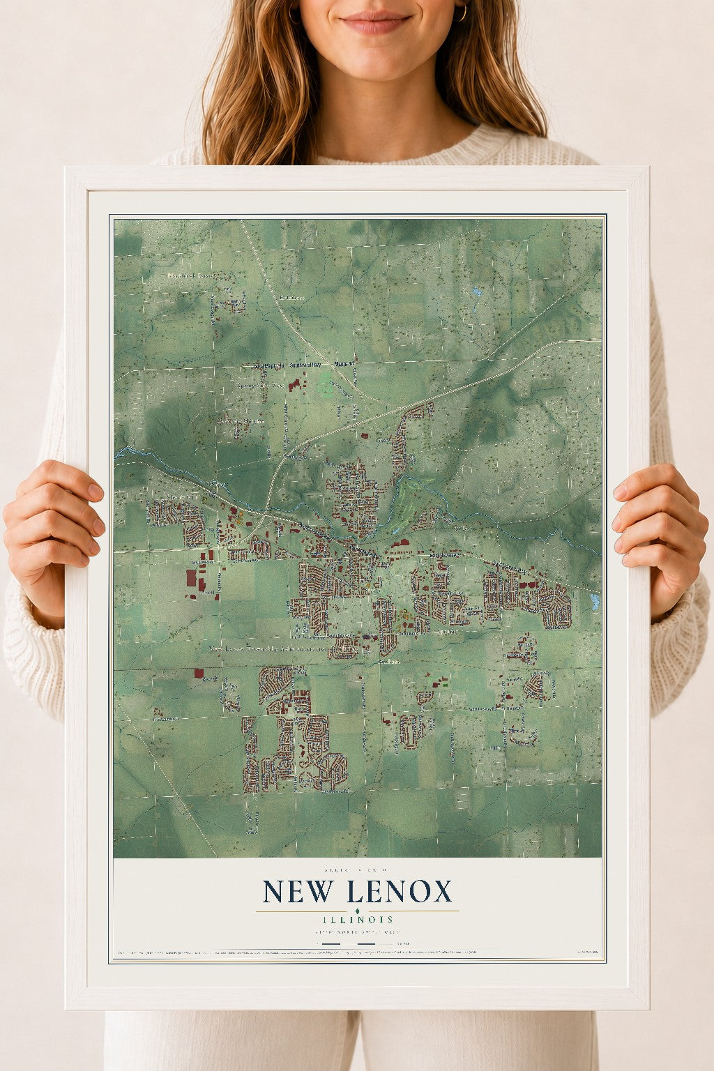 Map of New Lenox, Illinois, 18 x 24 inch print in a white wood frame