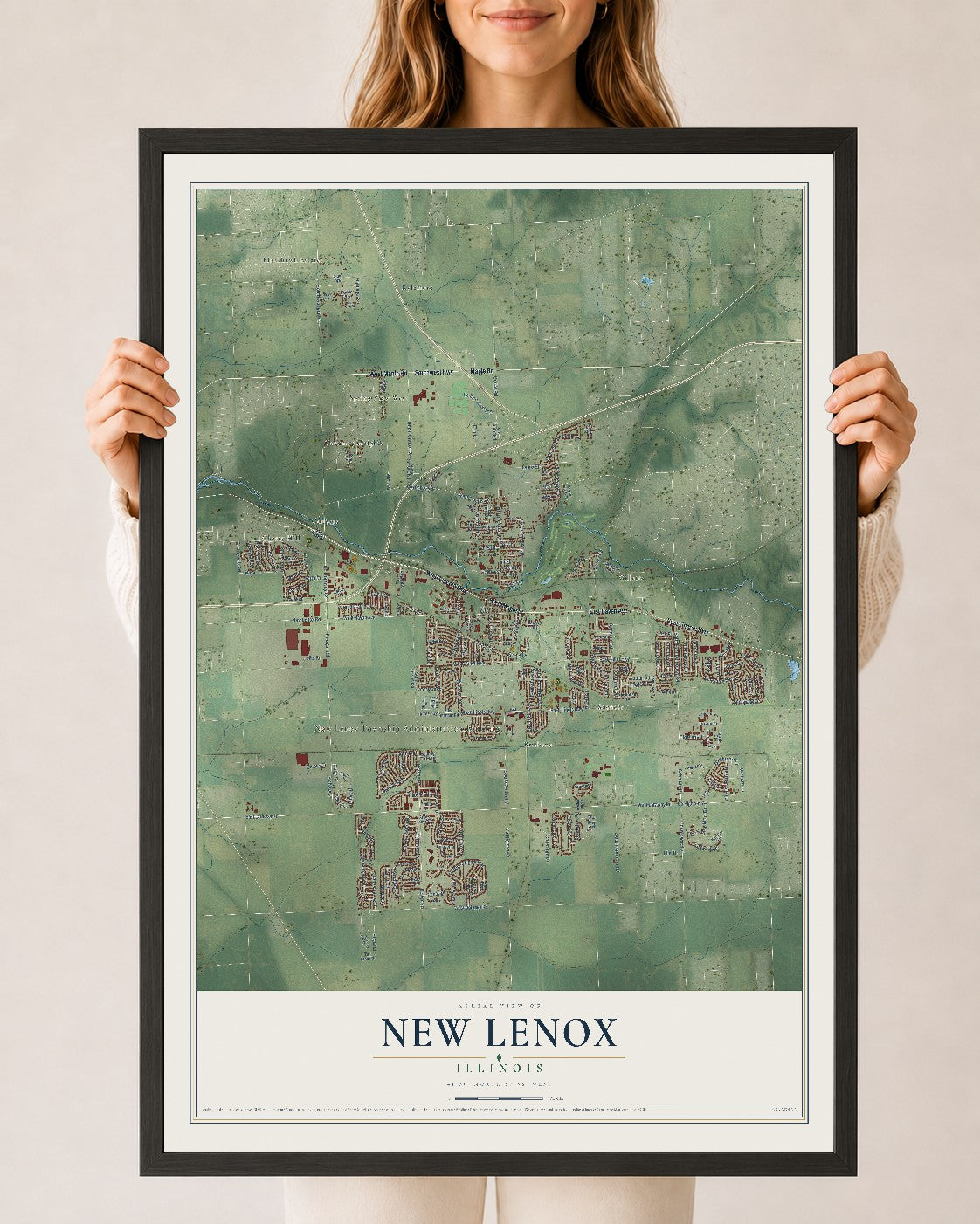 Map of New Lenox, Illinois, 24 x 36 inch print in a black wood frame