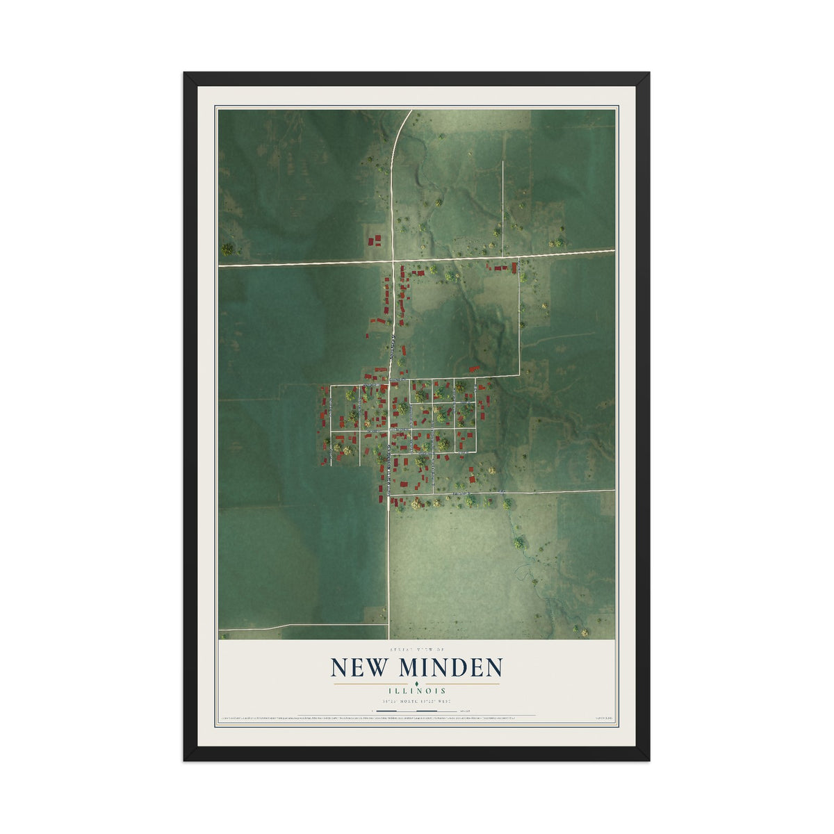 Map of New Minden, Illinois, 12 x 18 inch print in a black wood frame