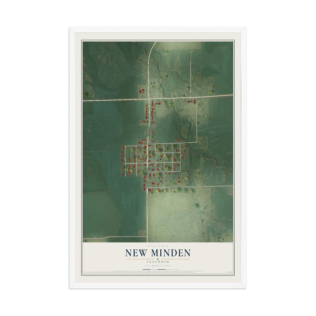 Map of New Minden, Illinois, 12 x 18 inch print in a white wood frame