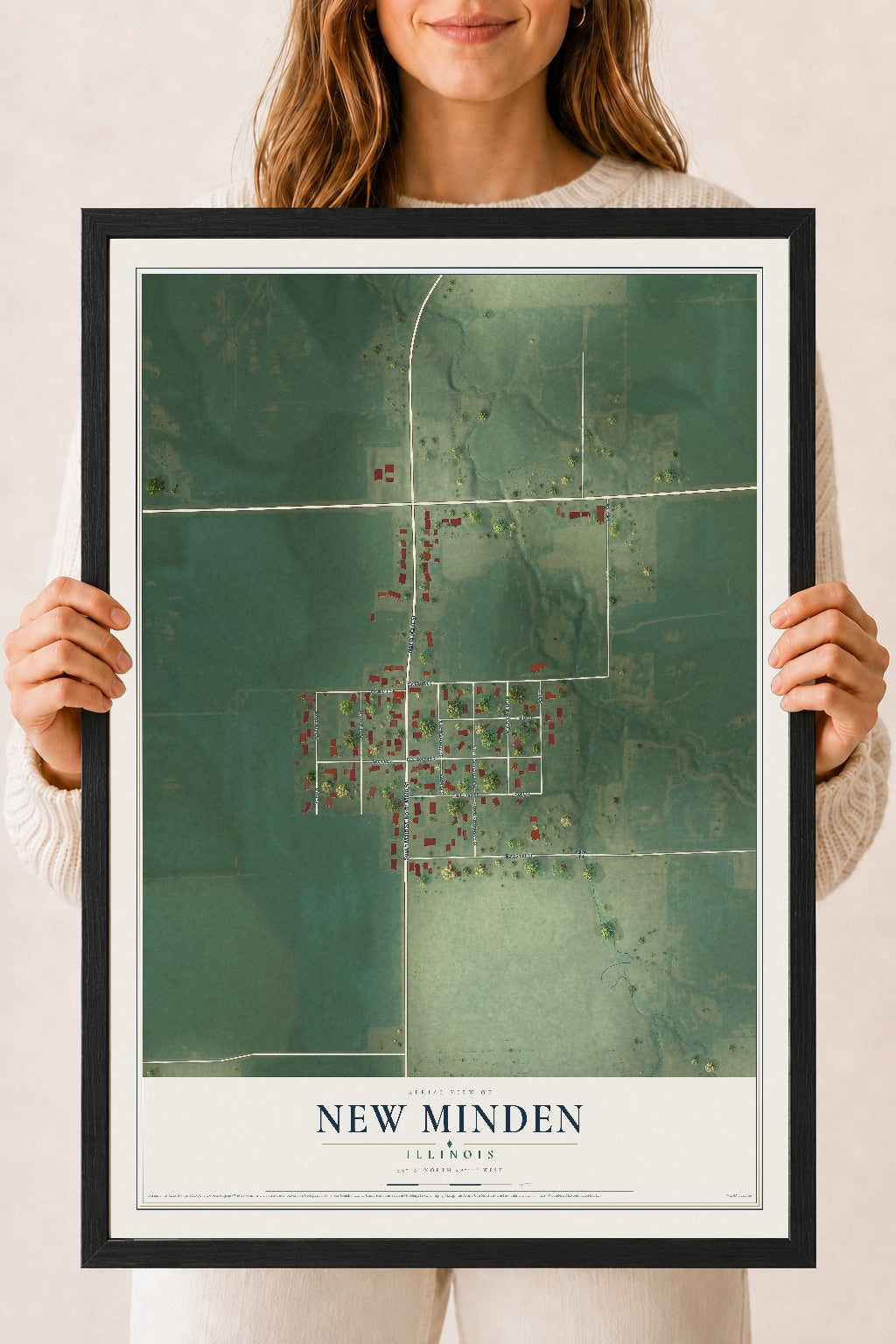 Map of New Minden, Illinois, 18 x 24 inch print in a black wood frame