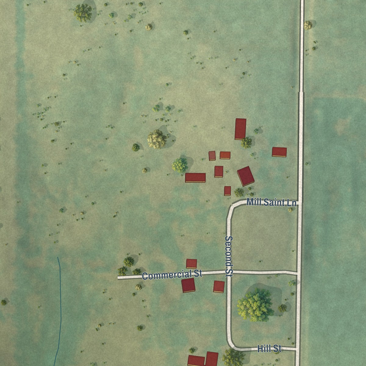 Second close-up of the map of New Salem, Illinois print showing more streets and buildings